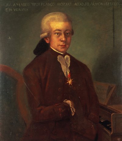 Retrato de Wolfgang Amadeus Mozart (1756-91) usando a Ordem do Esporão Dourado, 1777 de Austrian School
